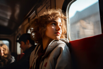 Student teenager sitting on the one train and looking out the window - obrazy, fototapety, plakaty