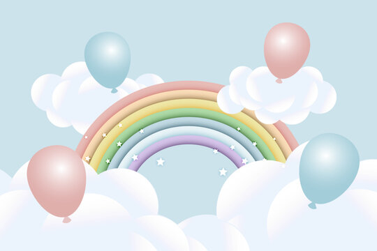 3d baby shower, rainbow with clouds and balloons on the starry sky, children's design in pastel colors. Background, illustration, vector.