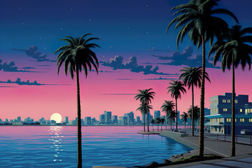 Retro 80s minimalist beach city, miami, vice city, landscape with palms
