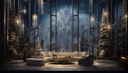 sehr große luxuriöse Lodge in den Bergen mit großen Fenstern bei Nacht mit weihnachtlicher Dekoration - obrazy, fototapety, plakaty