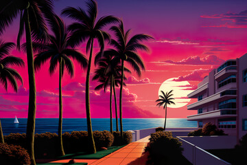 Retro 80s vibe colored, minimalist beach city, miami, vice city, landscape with palms