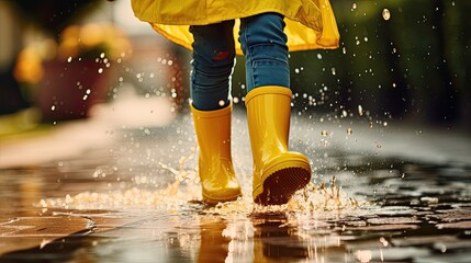 a child as they wear yellow rubber boots and gleefully jump over a puddle in the rain, the child's legs in mid-air to emphasize the moment.