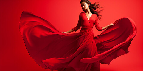 woman in long red dress dancing on red background - obrazy, fototapety, plakaty