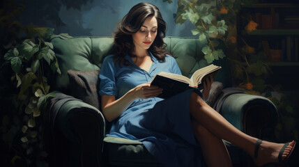 The heroine of the novel, 20th century style. An aristocratic woman in blue dress sits in room with book in her hands. - obrazy, fototapety, plakaty