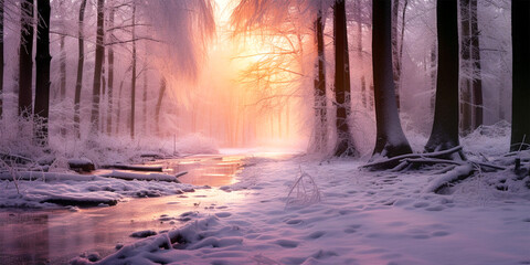 amazing winter sunset panorama with little house by lake surrounded by snowy forest