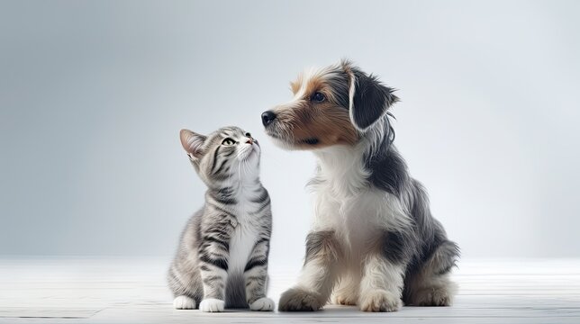 a dog puppy and a gray tabby cat happily interacting on a clean white background. The pets playfully engaged to convey their affection and charm.