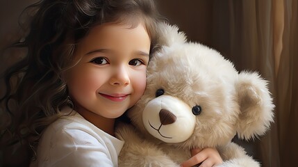 a little child girl, brimming with happiness, hugging her cherished teddy bear. The scene set against a simple light background to emphasize the purity of the moment.