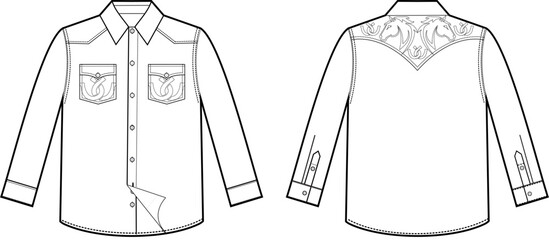 Technical design of detailed shirt with embroidery on the yoke and filigree on the pockets country fashion wild west style.
