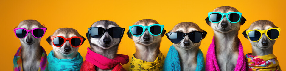 Funny meerkat dressed in funny dress isolated on yellow background