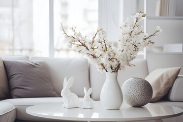 Home interior with easter decor. Spring flowers in a vase on a light background - obrazy, fototapety, plakaty