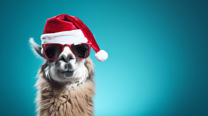 llama with a Christmas hat on a blue background - obrazy, fototapety, plakaty