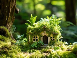 tiny house in the forest with different plants growing on it symbolizing ecological living. 