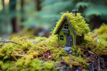 tiny house in the forest with different plants growing on it symbolizing ecological living. 