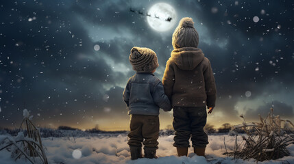2 children on a snowy night on Christmas Day watching Santa Claus fly in his sleigh under the light of the full moon - obrazy, fototapety, plakaty
