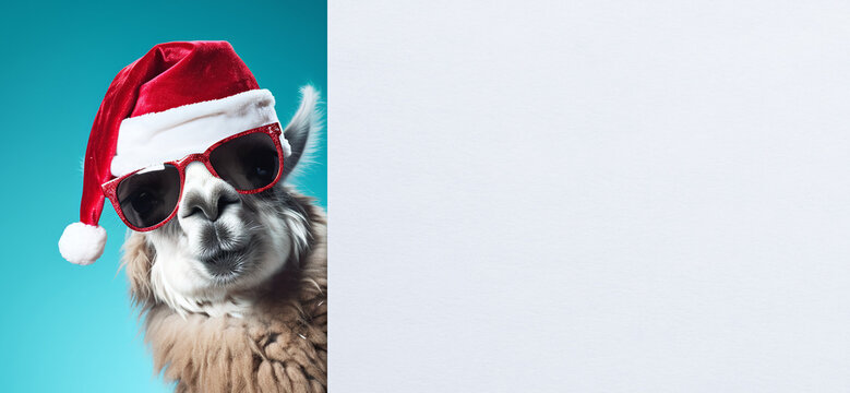 llama with a Christmas hat on a blue background behind a white sign - copyspace
