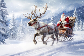 Santa claus riding sleigh with reindeer generative ai - obrazy, fototapety, plakaty