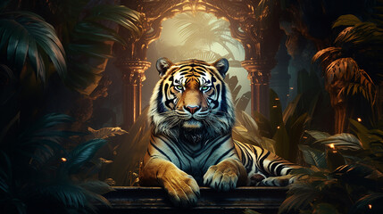 Tigre poderoso em piscina de luxo  - obrazy, fototapety, plakaty