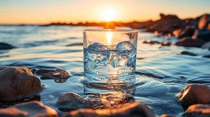 Glass of cold water with ice cubes on the sea shore at sunset.  
