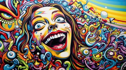 Psychedelic psychosis to wonderland, unbelievable world of strange monsters and trippy colors, bulging eyes and broad smile with white teeth, what a happy place to be.     - obrazy, fototapety, plakaty
