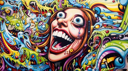 Psychedelic psychosis to wonderland, unbelievable world of strange monsters and trippy colors, bulging eyes and broad smile with white teeth, what a happy place to be.     - obrazy, fototapety, plakaty