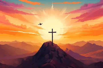 Poster Warm oranje Holy cross symbolizing the death and resurrection of Jesus Christ shrouded in light and clouds at sunset