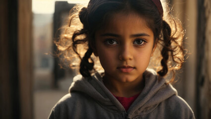 Close up portrait of a little arab girl with a serious face expression - obrazy, fototapety, plakaty