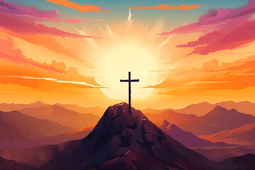 Holy cross symbolizing the death and resurrection of Jesus Christ shrouded in light and clouds at sunset - obrazy, fototapety, plakaty