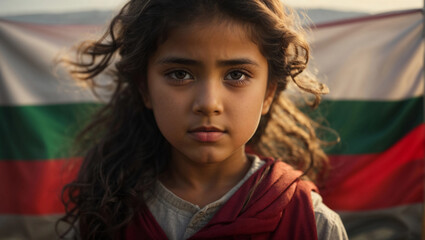 Close up portrait of a little girl with a serious face expression. Bulgarian flag on background