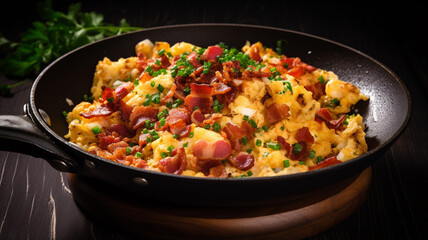 scrambled eggs and bacon in a frying pan.