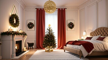 Weihnachtliches Zimmer mit Bett, rote Bettdecke, rote Vorhänge, Kamin, weihnachtliche Deko, Dekoartikel, Einrichtungsideen, Dekoartikel, Weihnachtsbaum, Design