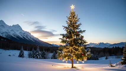 Weihnachtslandschaft mit beleuchtetem Weihnachtsbaum in verschneiter Bergkulisse