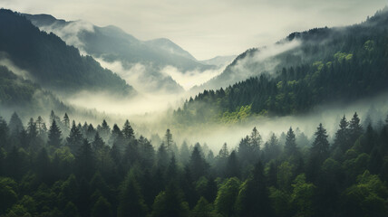foggy morning in the Carpathians in autumn. - obrazy, fototapety, plakaty