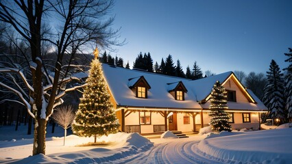 Weihnachtlich dekoriertes Haus in verschneiter Landschaft mit festlichen Lichterketten und Schnee auf dem Dach, Weihnachtsbaum im Garten, Weihnachtsstimmung, Berge und Schneelandschaft