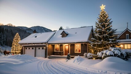 Weihnachtlich dekoriertes Haus in verschneiter Landschaft mit festlichen Lichterketten und Schnee auf dem Dach, Weihnachtsbaum im Garten, Weihnachtsstimmung, Berge und Schneelandschaft
