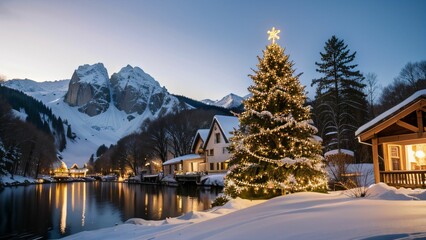 Weihnachtlich dekoriertes Haus in verschneiter Landschaft mit festlichen Lichterketten und Schnee auf dem Dach, Weihnachtsbaum im Garten, Weihnachtsstimmung, Berge und Schneelandschaft