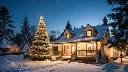 Weihnachtlich dekoriertes Haus in verschneiter Landschaft mit festlichen Lichterketten und Schnee auf dem Dach, Weihnachtsbaum im Garten, Weihnachtsstimmung, Berge und Schneelandschaft