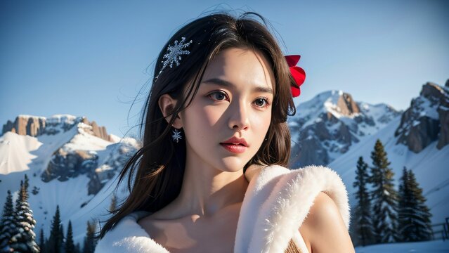 Elegante Frau in winterlicher Bergkulisse mit roter Blume im Haar