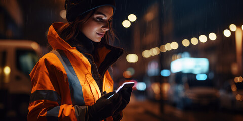 Woman wearing high viz jacket at night, face illuminated bye phone - obrazy, fototapety, plakaty
