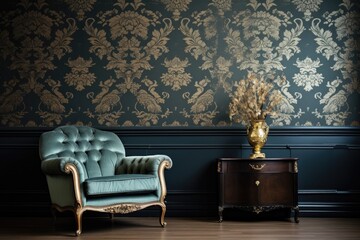 retro interior room with baroque wallpaper. 