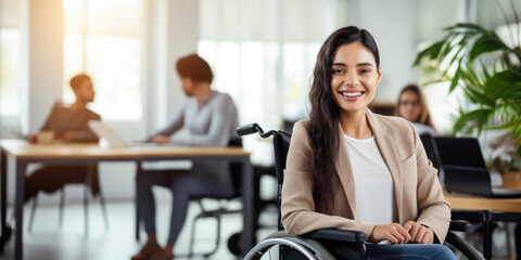 Woman in wheelchair with dark, long hair, working in Office - obrazy, fototapety, plakaty