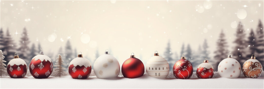 Winter Christmas panoramic background with border of Christmas trees and red and white baubles balls and snow.