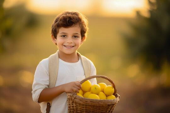 Adorable little boy holding lemons in basket after picking them in basket