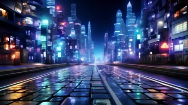 Nighttime in the Heart of a Futuristic City Illuminated by Bright, Vibrant Lights
