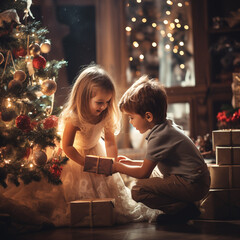 Chłopiec i dziewczynka przy choince dają sobie prezenty - obrazy, fototapety, plakaty