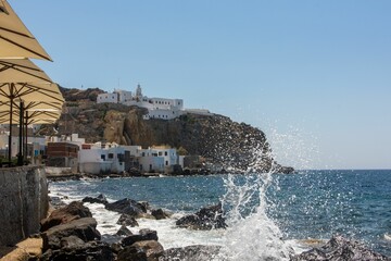 Coastline of Mandraki in Nisiros island with Virgin Mary Monastery, Kos, Dodecanese, Greece