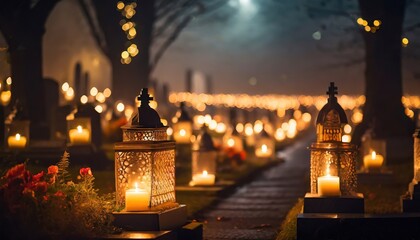 Cemetery at night with lit candles, light fog - obrazy, fototapety, plakaty
