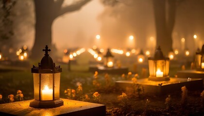 Cemetery at night with lit candles, light fog