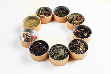 Different types of tea in a pepper boxes.