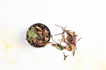 Different types of tea in a pepper boxes.