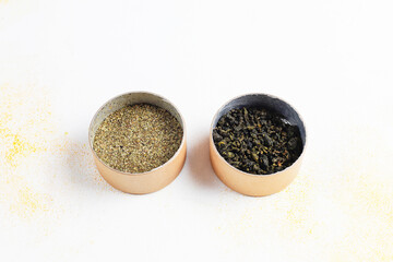 Different types of tea in a pepper boxes.